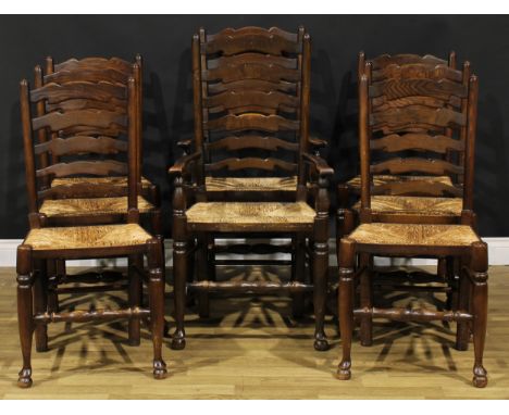 A set of eight Lancashire ladder-back rush-seated dining chairs, the side chair 94.5cm high, 46.5cm wide, the seat 37cm deep,