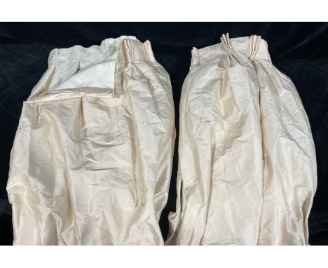 Textiles - a large pair of Laura Ashley silk curtains, interlined, 200cm length x 328cm width 