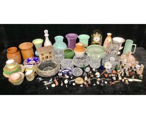 A large quantity of mixed ceramics and glass and a glass domed mantle clock including a Wedgwood bowl and vase, Lovett’s Lang