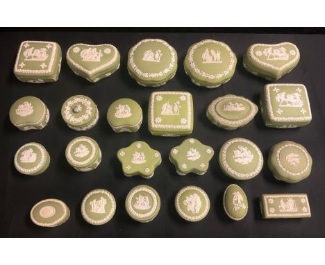 A quantity of Wedgwood green jasperware trinket boxes and covers, various shapes and sizes (23) 