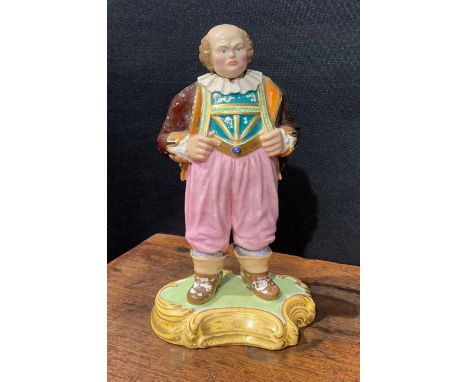 A Derby patch mark type figure, with nodding head, modelled as a portly gentleman, he stands grasping his braces wearing a de