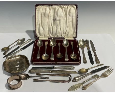 A George V silver canted square pin tray, 9.5cm wide, Birmingham 1923; a pair of George III silver sugar bows, acorn bowls; a
