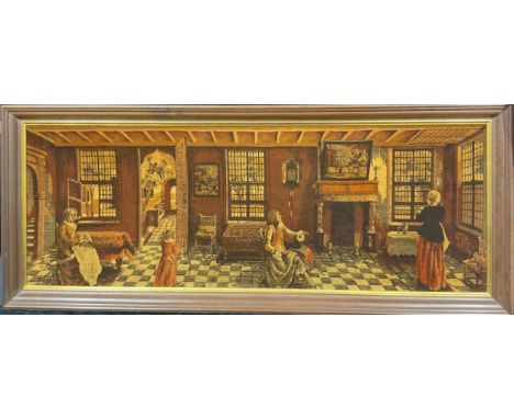 A large tapestry picture, depicting a 17th century Dutch country house interior, with figures about their daily life, sepia t