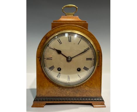 A George II style walnut bracket-form mantel clock, retailed by John Mason (Rotherham) Ltd, 27cm high over handle 
