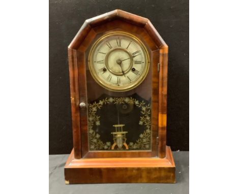 A late 19th century American mantel clock, Roman  numerals, twin winding holes, glazed door transfer printed, 46.5cm, key and