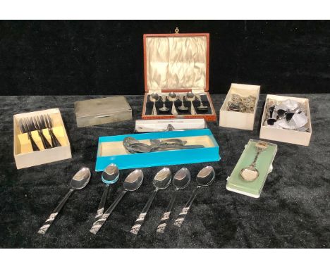 A silver cigarette box, various souvenir silver plated spoons and assorted flatware, qty 