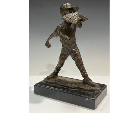 A bronze sculpture, of a baseball pitcher, rectangular marble base, 28.5cm high 