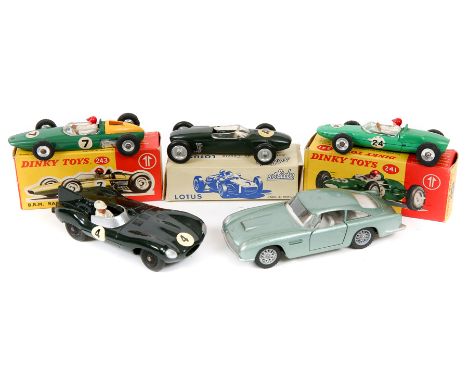 5 racing/sports cars. 2 Dinky Toys – Lotus Racing Car (241) in mid green, RN 24. Plus a B.R.M. Racing Car (243) in green with