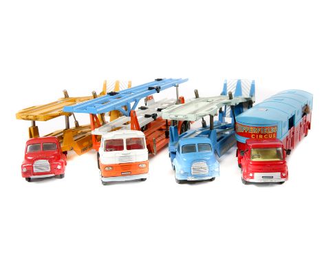 4 Corgi Major Toys. 2x Big Bedford Carrimore Car Transporters (1101). One an export example with blue tractor unit and yellow