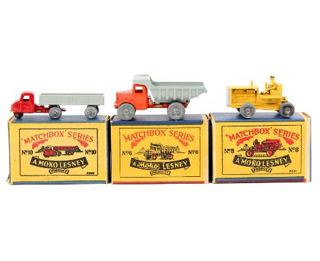 3 ‘Moko Lesney’ Matchbox Series. No6 Quarry Truck, orange body, grey tipper and metal wheels. No8 Caterpillar Tractor, yellow