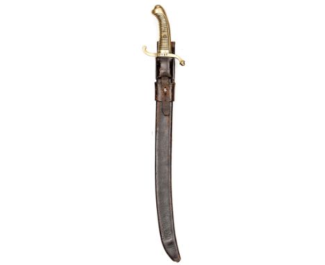 A 19th century continental sidearm,  slightly curved and swollen SE blade 19”, solid brass hilt, the S shaped crossguard with