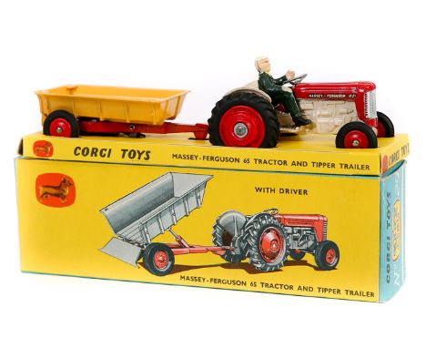 Corgi toys Gift set No29 Massey-Ferguson 65 Tractor and Tipper Trailer. Tractor in cream and red with red wheels, complete wi