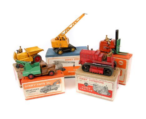 5 Dinky Toys /Supertoys. Coventry Climax Fork Lift Truck (14c) in orange with green forks and wheels, with driver. Commer Bre