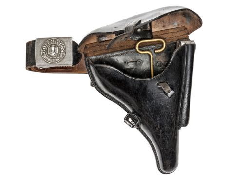 A good original hard black leather holster for P08 Luger semi automatic pistol, stamped “A. Fischer/ Guttstadt/ 1939” above g