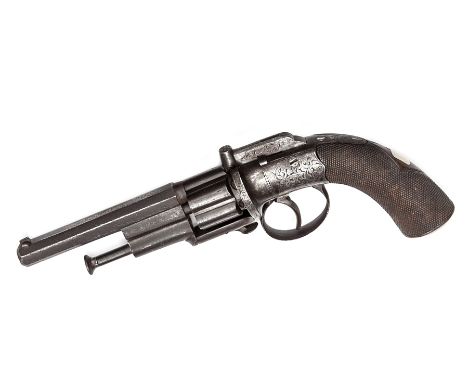 A charming 6 shot 160 bore self cocking bar hammer semi open frame transitional percussion revolver,   9½” overall, octagonal