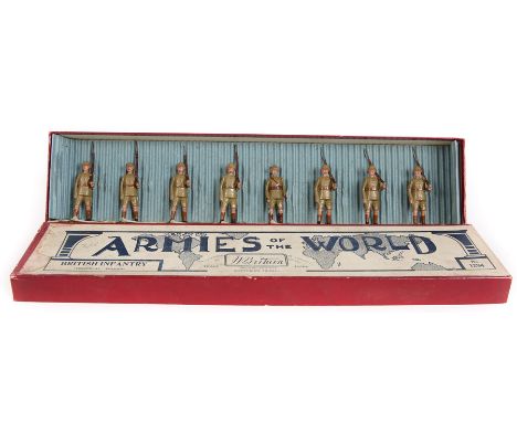 A 1920’s Britains set ‘Armies Of The World’ British Infantry (Tropical dress) No.1294. Comprising 7 infantrymen and an Office