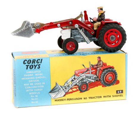 Corgi Toys Massey-Ferguson 165 Tractor with shovel (69). In red and white with grey engine and silver shovel. Complete with d