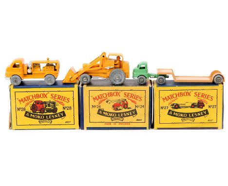 3 ‘Moko Lesney’ Matchbox Series. No24 Hydraulic Excavator, orange/yellow body, metal wheels. No27 Bedford Low Loader, pale gr