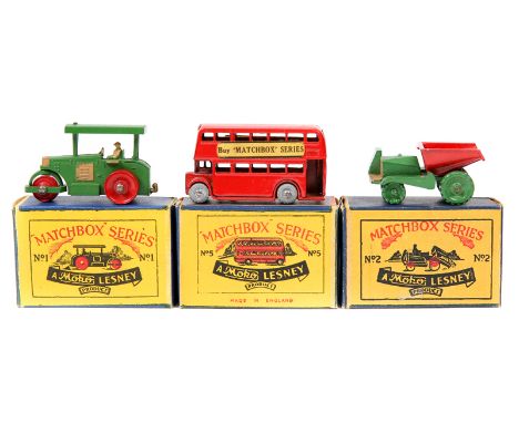 3 early ‘Moko Lesney’ Matchbox Series. No1 Diesel Road Roller, with dark green body and red rollers. No2 Muir Hill Site Dumpe