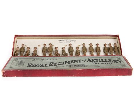 A Britains set ‘British Soldiers Royal Regiment of Artillery (Gunners) No.1730. Comprising 7 pieces plus 9 extra, 10 standing