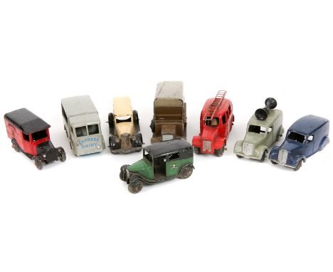 8 Dinky Toys. Ambulance (30f) in cream with black chassis. NCB Electric van (30v) in light grey with blue load bed and wheels