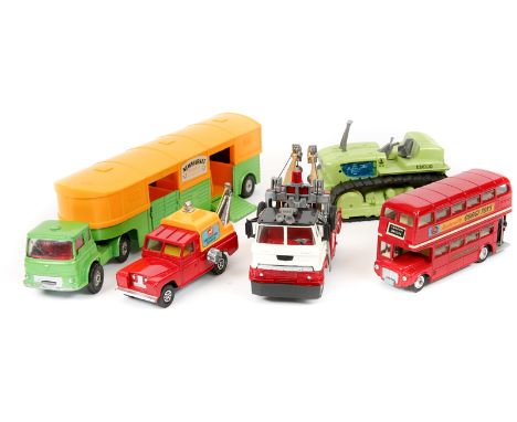 5 Corgi Toys. 3 Major series -Euclid TC12 Tractor (1103) in lime green with blue engine and black rubber tracks. A Holmes Wre