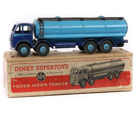 Dinky Supertoys Foden 14-Ton Tanker (504). A 1st type cab (DG) example, cab and chassis in dark blue with mid blue tank and w