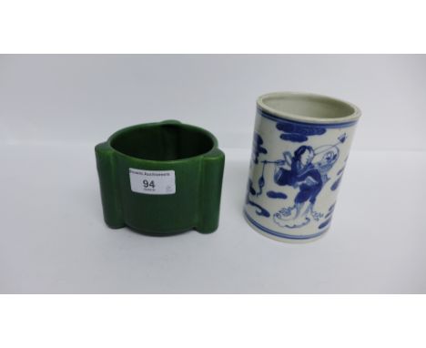 Chinese Ming Dynasty green glazed circular pottery jar, on tripod side supports, 9cm high.  Together with a Chinese blue and 