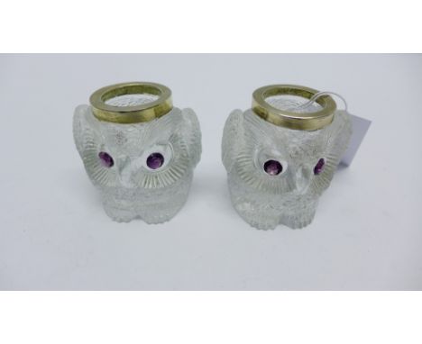 A pair of Schindler & Co silver mounted and moulded glass owl salts, each with amethyst glass eyes and with etched Reg No 416