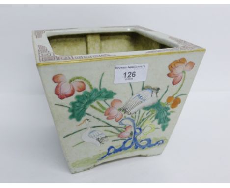 Chinese famille rose planter of square form decorated with birds and foliage, 17cm high