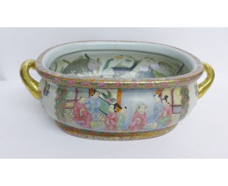 Contemporary Chinese famille rose twin handled oval shaped planter, 35cm long