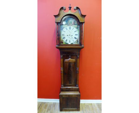 A 19th Century mahogany longcase clock with a broken swan neck pediment and finial to top enclosing a handpainted dial inscri