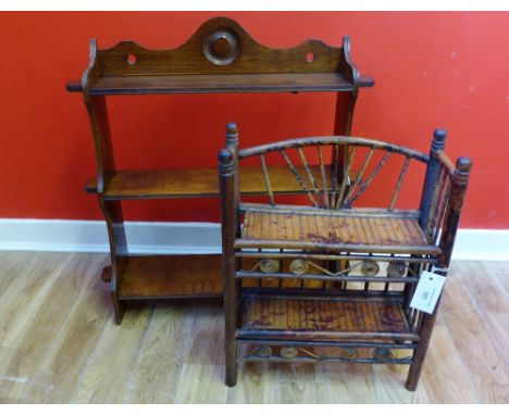 Stained wood wall shelf together with a bamboo two tier shelf (2) 