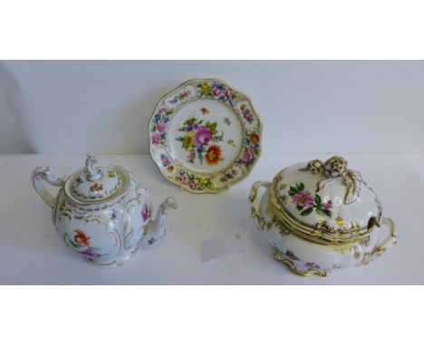 Continental floral and gilded porcelains to include a teapot and side plate together with a Spode Stafford Flowers pattern tu