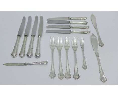 A part suite of German 800 silver handled flatwares to include 10 knives, 6 fish knives, 5 fish forks, 6 fruit knives and a f