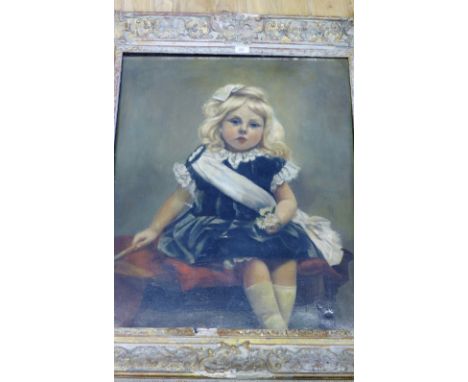 Full length oilograph  portrait of a young girl with daisies in her hand, in ornate giltwood frame, 62 x 76cm
