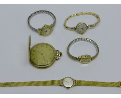 Four vintage gold plated wristwatches to include two Rotary, Timex and Sekonda, and a gold plated pocket watch (5)