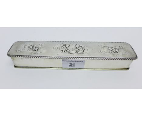 Edwardian silver hat pin box, the rectangular hinged top with gadrooned edge and with repousee cherub decoration, maker's mar