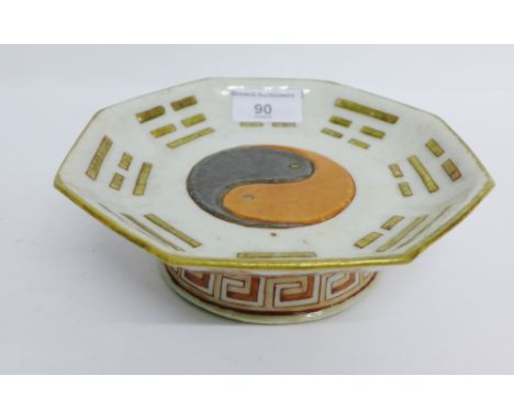 19th Century Chinese octagonal pedestal dish, decorated with Chinese philosophy symbol to centre, bearing Daoguang red seal m