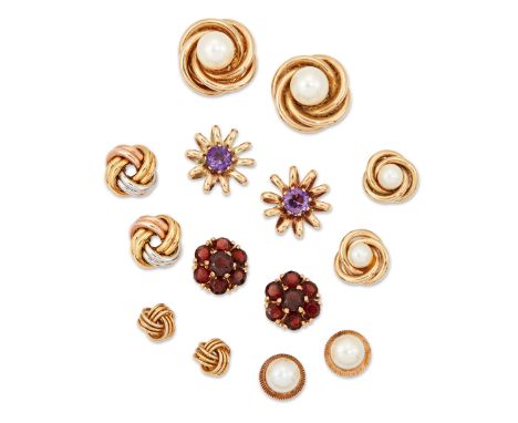A group of ear studs, comprising: a pair of 9ct gold garnet cluster earrings, London hallmarks for 1966, diameter 1.2cm; a pa