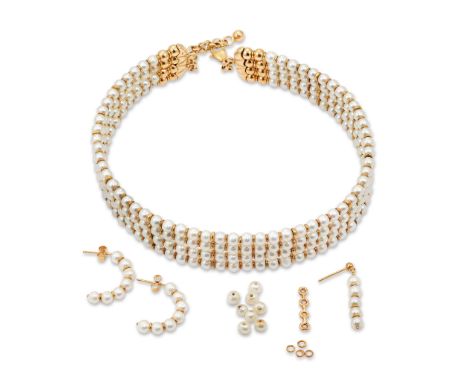 A cultured pearl collar necklace and earrings,&nbsp;the four row cultured pearl collar with rondelle and bar spacers, with tr