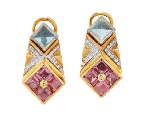 A pair of diamond and topaz earrings, designed as geometric panels set with square step cut pink topaz and brilliant cut diam