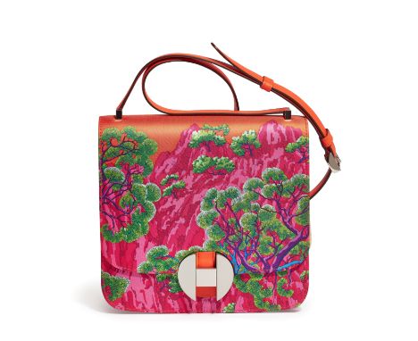 Hermès. Sieste Au Paradis, 19 Re-issue, of contrasted pink and green silk mountainous landscape scenery embellished of the ex