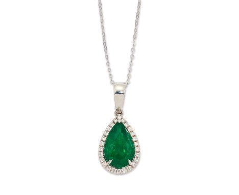 An emerald pendant necklace, the pendant composed of a pear-cut emerald, approximate dimensions 12.8 x 8.5 x 6.2mm, with roun