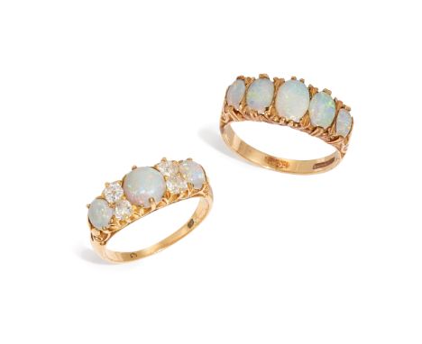 Two gold opal rings, comprising: a 9ct gold opal five-stone ring, Birmingham hallmarks, ring size N; and a 19th century gold 