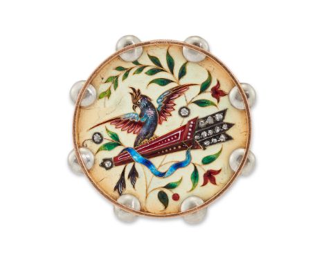 Falize. A late 19th century 18ct gold cloisonné enamel and diamond brooch, designed as a tambourine, the enamel depicting a b