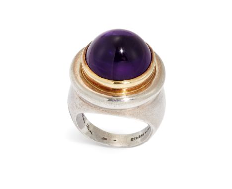 Paloma Picasso for Tiffany & Co. An amethyst single-stone ring, the cabochon amethyst set in gold collet, to silver tapered s