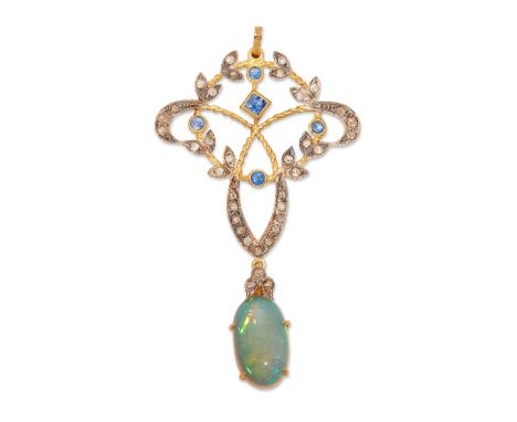 An opal, diamond, and sapphire openwork drop pendant, of foliate design, set with rose-cut diamonds, square-cut and circular-