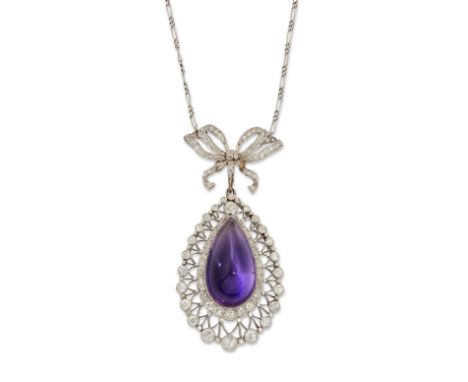 A Belle Époque platinum amethyst and diamond necklace, composed of central pear-shape amethyst cabochon with a graduated old-