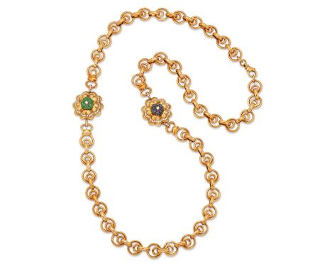 A gem-set chain necklace, with two floral motif panels at opposing sides, one set with a brilliant-cut diamond, with a sapphi